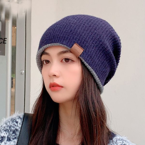 

fashion designer jewelry double layer thickened warm knit hat, double sided wearable for couples versatile scarf, hat & glove sets wholesale, Blue;gray