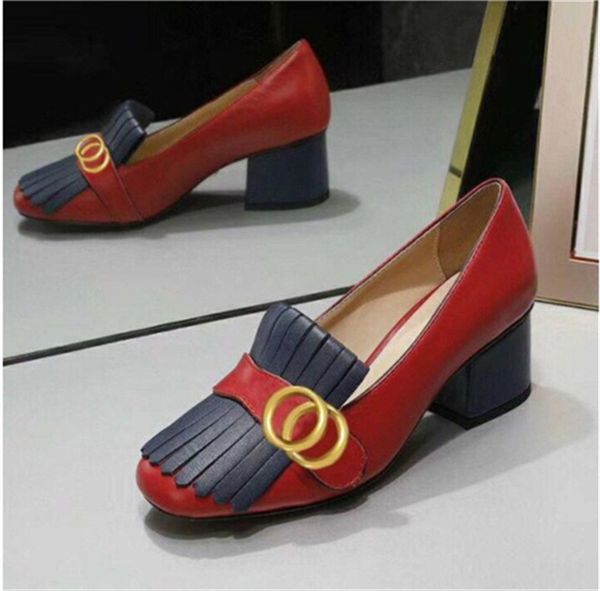 

designer shoes high heels women dress shoes classic mid heeled womens leather thick heel round head metal button 100% leather tassels gold s, Black