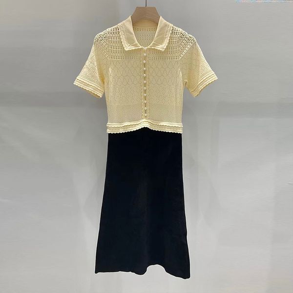 

australian designer dress french style pearl buckle stitching hollowed out knitted slim fitting short sleeved dress women designer clothing, Black;gray