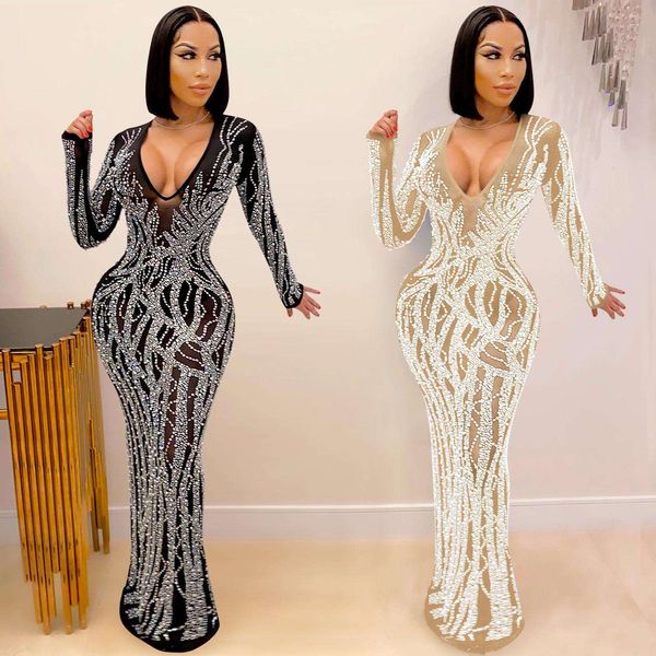 

nightclub diamonds diamond penetrating gauze shiny womens dress long, Black;gray
