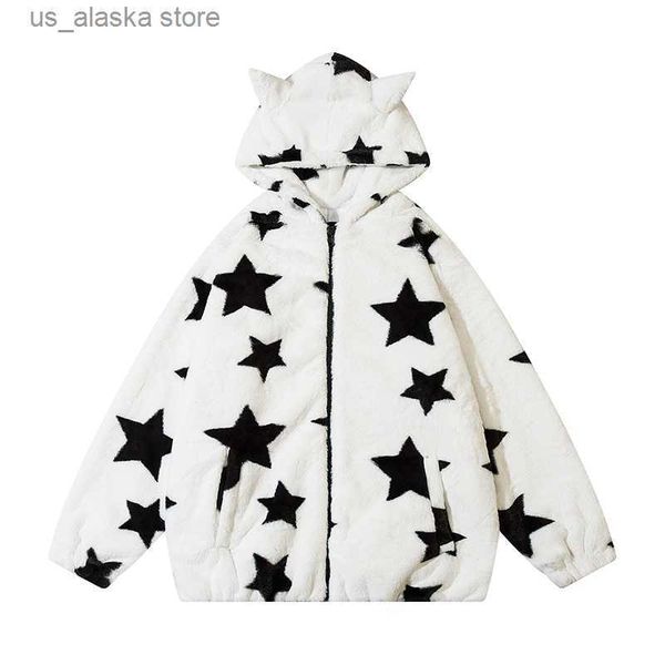 

men's hoodies sweatshirts full printed five pointed star retro lamb wool hooded cotton jacket ins winter loose thickened cardigan zippe, Black