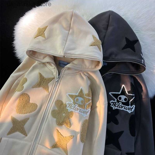 

men's hoodies sweatshirts harajuku hoodies women 2023 y2k embroidery zipper hooded jacket coats gothic grunge oversized long sleeve swe, Black