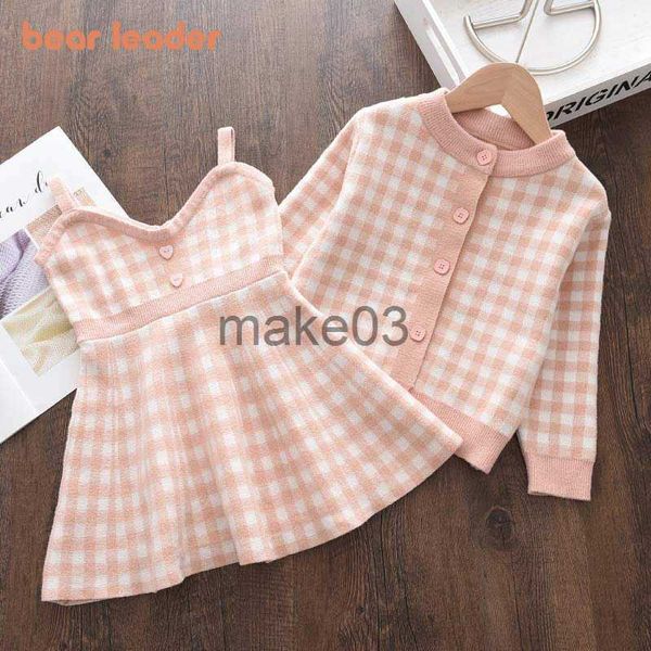 

cardigan bear leader kids christmas sweet knitwear suits girls baby plaid sweaters coats suspender dress outfits princess clothes sets j2308, Blue