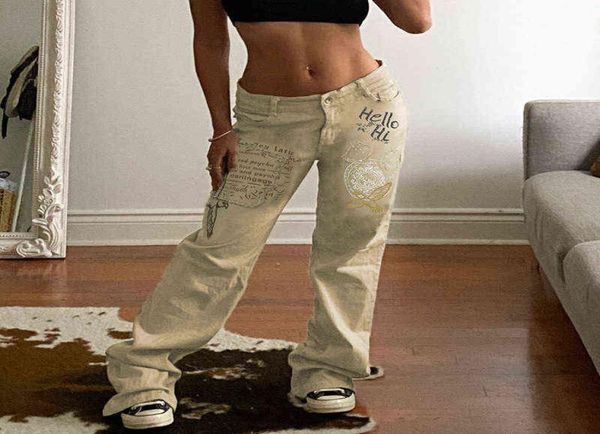

y2k khaki print jeans women embroidery patch denim pants vintage high waist straight streetwear harajuku boyfriend 90s trousers y21799474, Blue