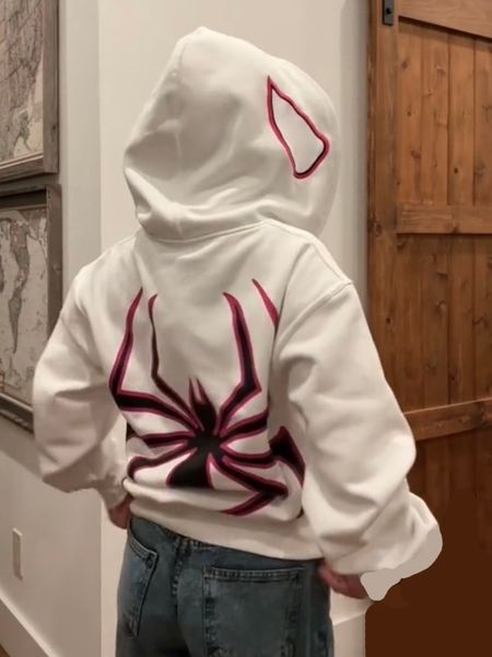 

mens hoodies sweatshirts spring and autumn spider print men hoodie longsleeved loose retro high street korean wave punk hiphop couple sweate, Black