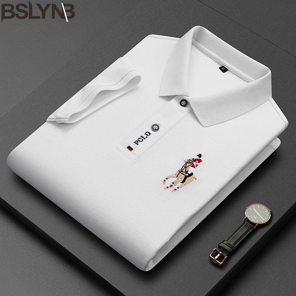 

men's polos men's summer breathable polo t shirt male cotton embroidered business polo shirt solid color lapel short sleeve shirt, White;black