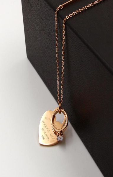 

fashion brand rose gold color stainless steel forever love heart crystal circle pendant necklace sweater chain women gift7162412, Silver