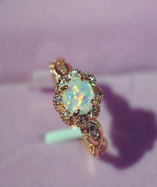 

whole rose gold color flower shape women finger rings white fire opal cz fashion party jewelry women opal rings size 610 bag3501387, Golden;silver