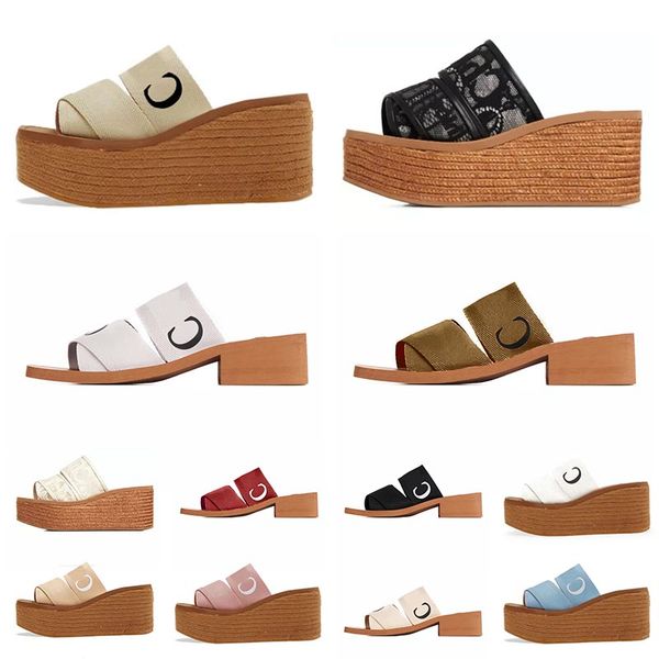 

designer women sandals woody slipper espadrille platform wedge mules canvas slides luxury fashion kitten slipper back square toe flats high, Black