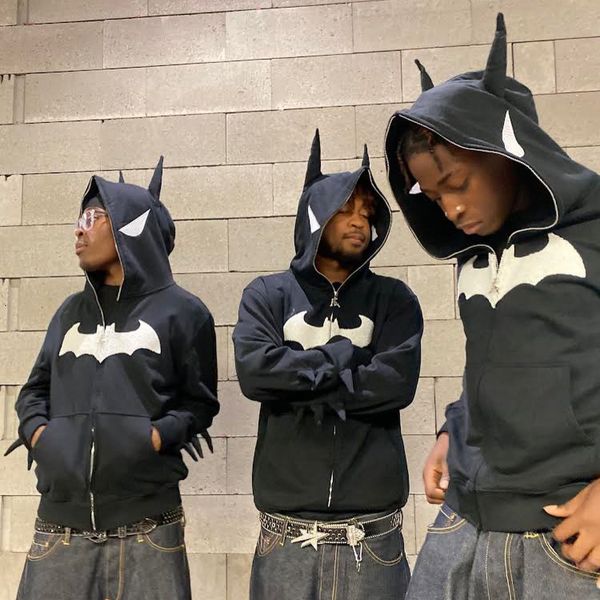 

mens hoodies sweatshirts y2k zip up hoodie harajuku bat animation hip hop streetwear goth print oversized sweatshirt vintage loose anime 230, Black