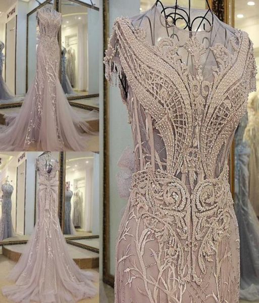 

2023 grey mermaid evening dresses applique beaded sheer neck tulle cap sleeve sweep train backless formal prom wear gowns real pho3283868, Black;red