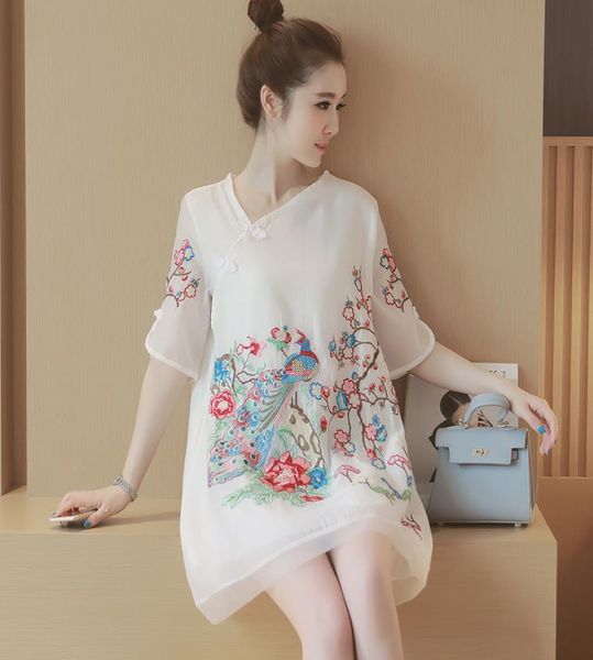 

plus size chinese style women's vintage peacock flower exquisite embroidery cheongsam chic one-piece drs 5xl5737224, White;black