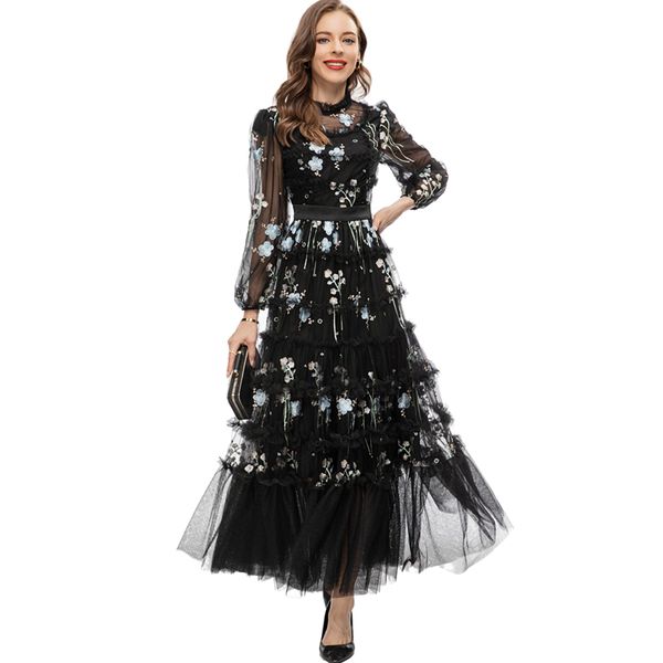 

women's runway dresses o neck long sleeves embroidery layered elegant fashion designer party prom gown, Black