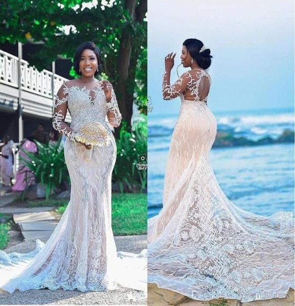 

2020 new luxurious lace beaded african wedding dresses mermaid sheer neck bridal dresses long sleeves vintage wedding gowns6170128, White