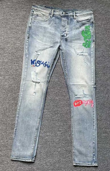 

2023 kusbi jeans mens designers pants ksb men's spring/summer washed worn-out with holes slim fitting stretch 30-40etymfv2fv9od, Blue