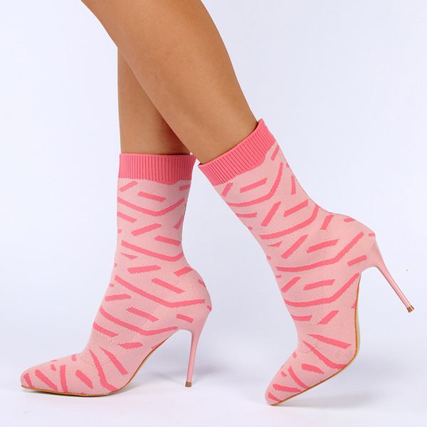 

boots high-quality comfortable knitted elastic fabric ankle socks boots women's fashion pointy pink high-heeled women's shoes 2308, Black