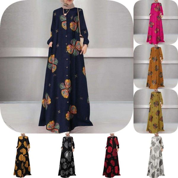 

womens clothing cotton and linen printed shirt long robe skirt round neck retro sleeve large size dress, Black;gray