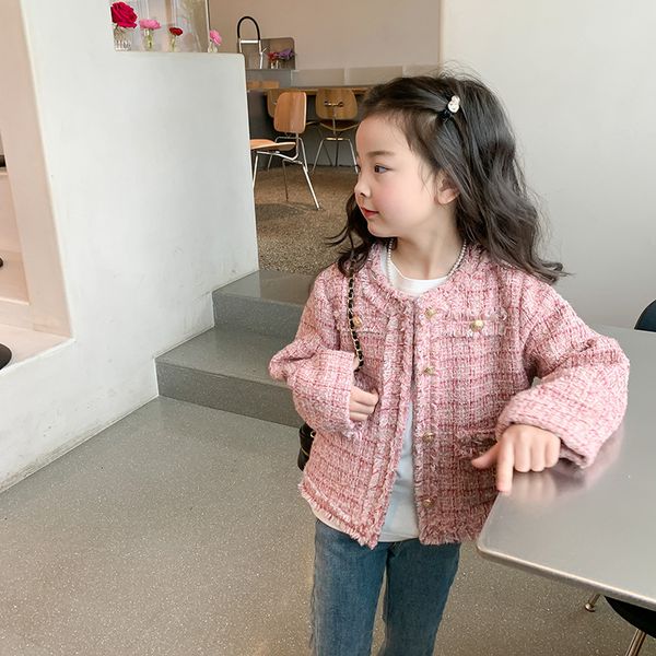 

jackets spring kids fashion pink plaid jacket girls buttons decorate round neck coat 230801, Blue;gray