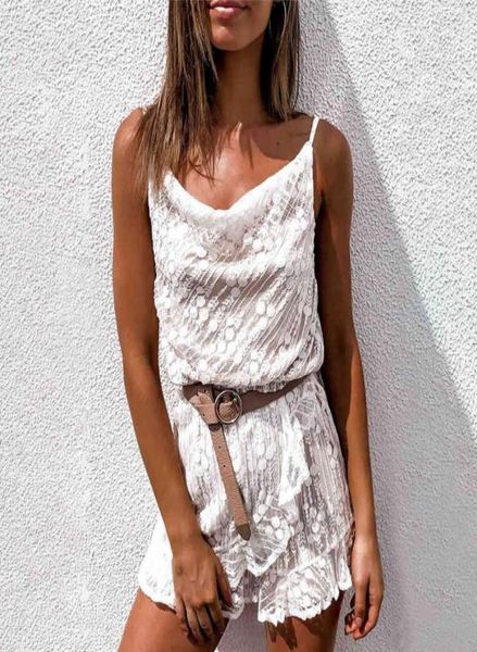 

white lace tulle rompers overalls for women summer beach sleeveless strap ruffle drapped neck playsuits short jumpsuit 2104156619323, Black;white
