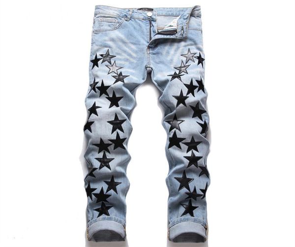 

new autumn and winter men039s fashion casual slim fit stretch star print jeans9292068, Blue