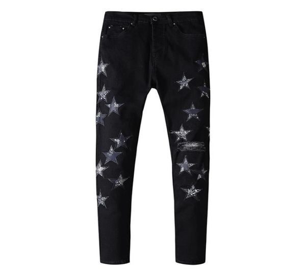 

mens jeans in europe and america fashion washed hole star patch cashew flower printing trend casual slim cautious feet pants teena1867594, Blue