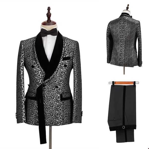 

leopard print tuxedo for groom silver-black men suits 2 pcs blazer pants business wedding prom party custom made, Black;gray