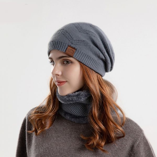 

fashion designer jewelry men's and women's plush pullover hat, outdoor warm knitted wool hat versatile scarf, hat & glove sets who, Blue;gray