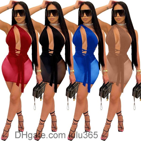 

women casual dresses 2021 summer new designer fashion women's solid color gauze perspective dress hollow out slim clothing 3652061365, Black;gray