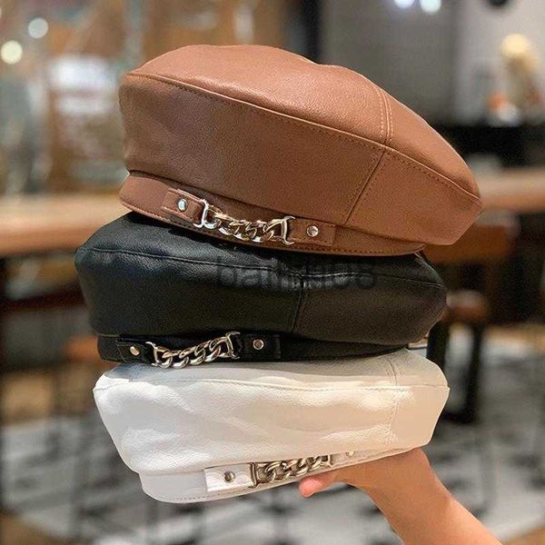 

stingy brim hats vintage women beret solid beret cap pu leather chain beret french artist warm beanie hat female ladies all-match adjustable, Blue;gray