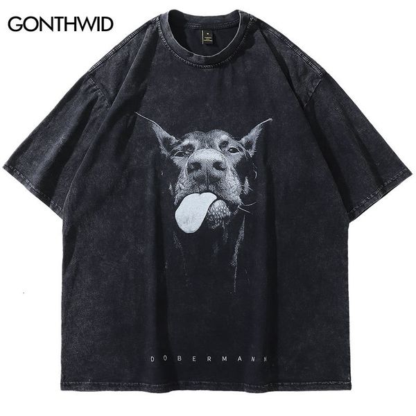 

men's tshirts vintage oversize tshirt y2k hip hop dobermann dog animal graphic print washed streetwear tshirt harajuku fashion loose 23, White;black