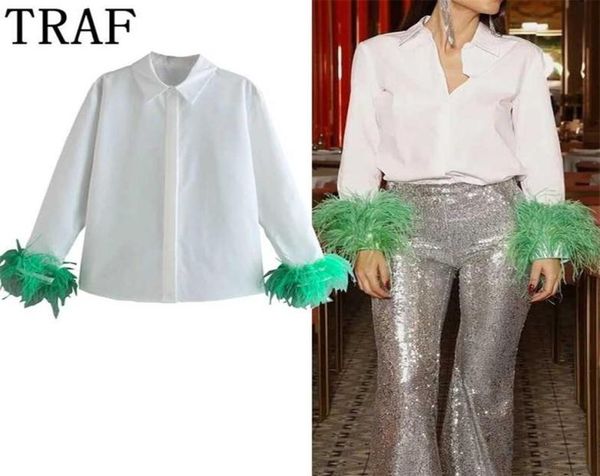 

traf zar shirt woman long sleeve green feather party elegant female blouses fashion collared button up women 220207270e8286643, White