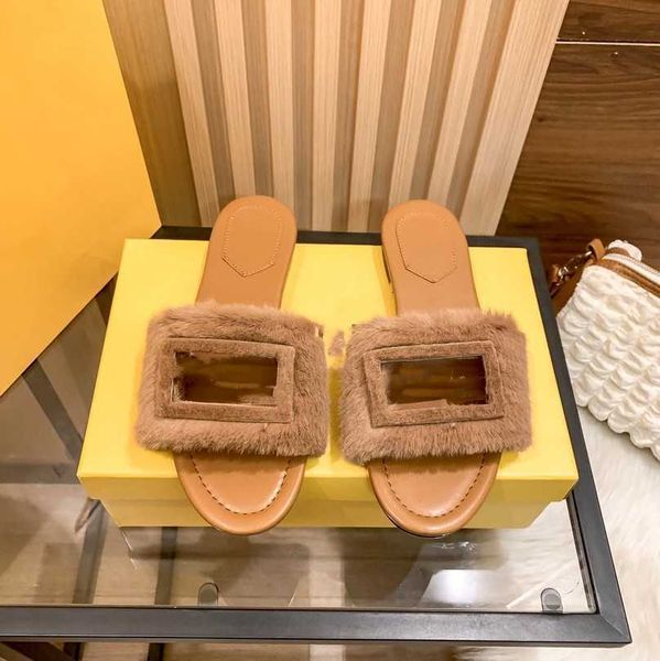 

2023 designer slides fur f slippers double letter women black banded furry slides flat sandals leather embellished baguette ladies letter be