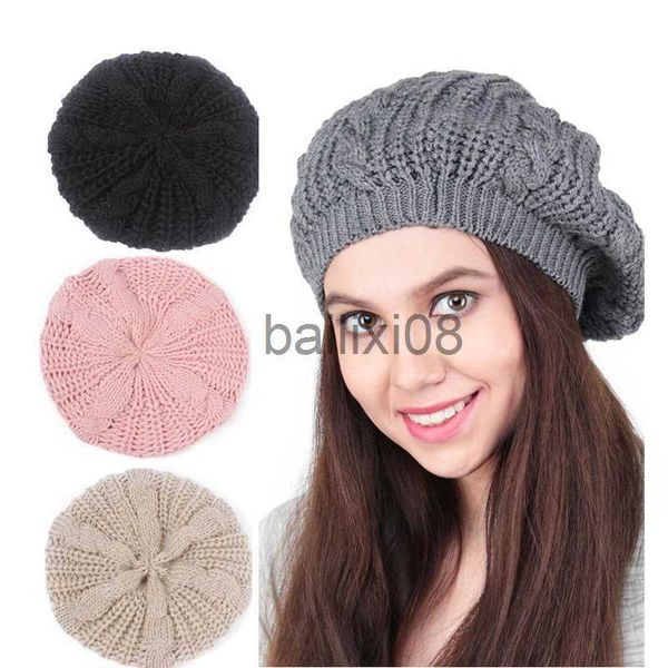 

stingy brim hats new warm winter women cable knit beret cap french artist beret hats braided baggy wool beanie hat solid color slouch baggy, Blue;gray