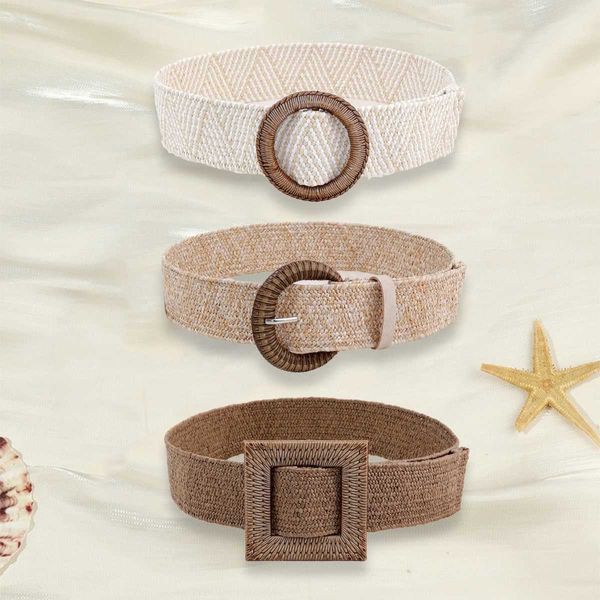 

new retro kid summer straw belts bohemian beach style female braided wide belts pp straw grass woven elastic waistband dress, Black