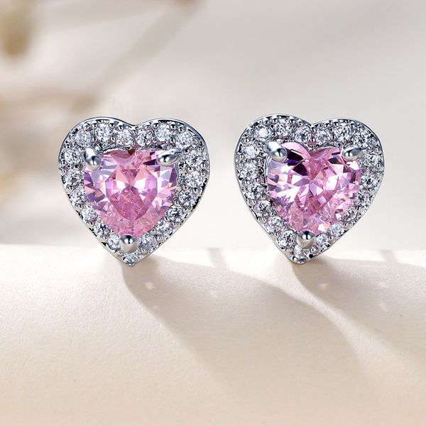 

korean selling fashion light luxury stud earrings pink zircon earrings women's heart-shaped earrings, Golden;silver