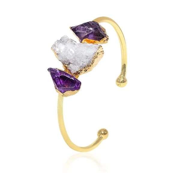 

raw stone bracelet for women irregular amethyst crystal cluster handmade open cuff bangle jewelry with gold trim, Black