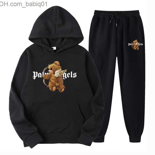 

men's tracksuits men hooded tracksuit set luxury sweatshirt 2 pcs sportwear suits angel bear archery print sweatpants and hoodie set fo, Gray
