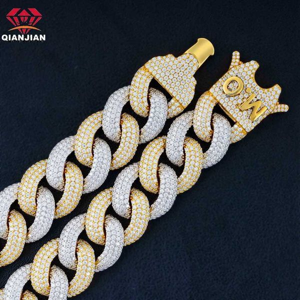 

qianjian selling customized necklace moissanite inlaid gold plated 20mm two tone bubble chain for men, Silver