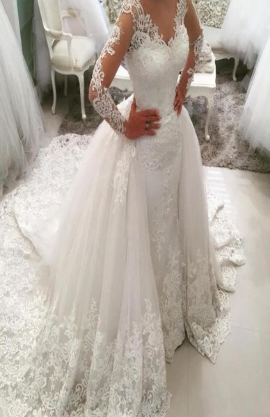 

2022 luxury african mermaid wedding dresses v neck long sleeves illusion full lace applique overskirts detachable train button bac8646337, White