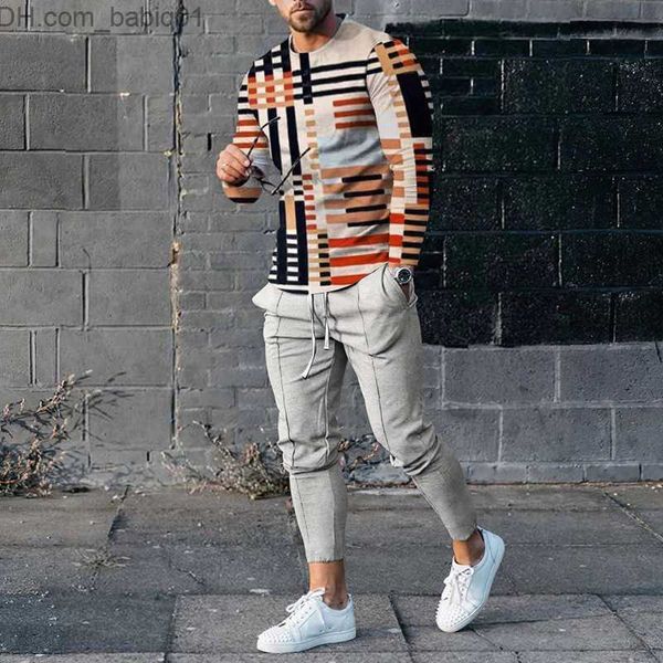 

men's tracksuits summer mens tracksuit 2 piece sets trend o-neck long sleeve t shirt+pants oversized loose clothes sports style man clo, Gray