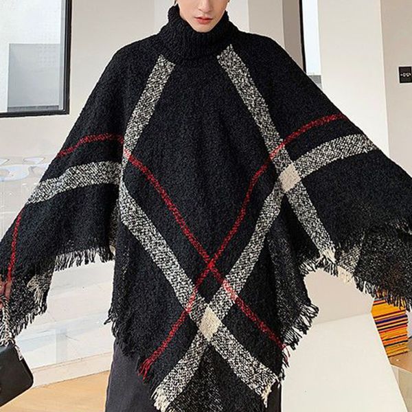 

men's casual shirts 2023 spring autumn shawl lady knitted wrap plaid pullover cloak loose turtleneck sweater fall winter poncho capes 2, White;black