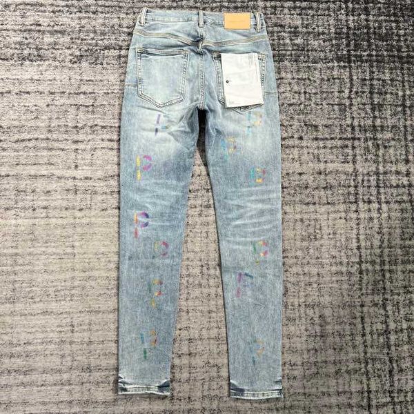 

purple_ brand jeans men's fashion tag graffiti inkjet patch beggar pants with broken holes motorcycle personality men's pants, Blue