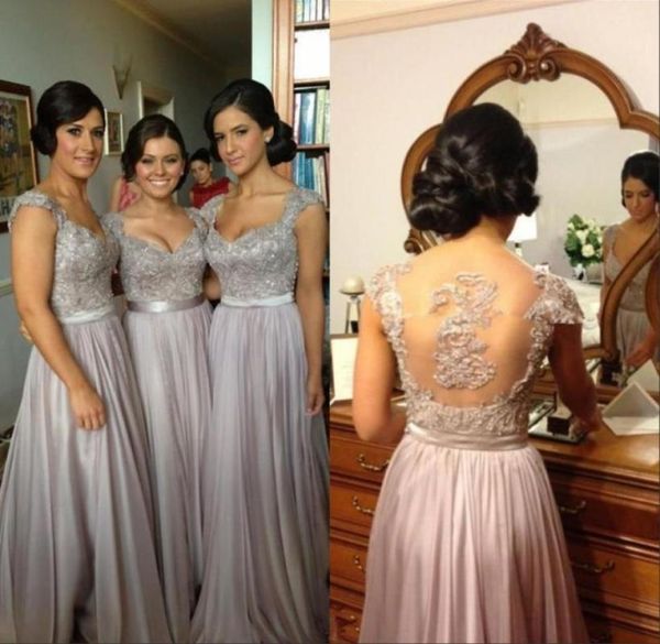 

silver chiffon wedding bridesmaid dresses embroidery beads a line with sweetheart short sleeve sheer back floor length26789568, White;pink