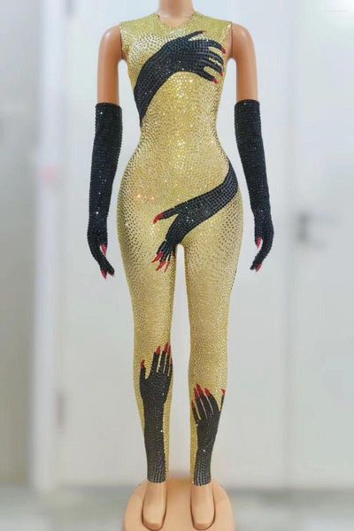 

women dance performance costume sparkly silver black rhinestones hand pattern jumpsuit birthday celebrate outfit, Black;red