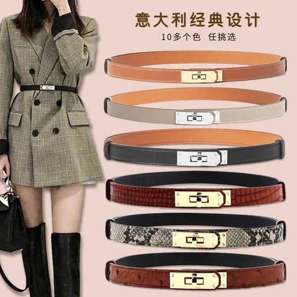 

designer belts crocodile pattern women's cowhide belt snake pattern slim waist lock buckle ostrich pattern adjustable leather belt for, Black;green