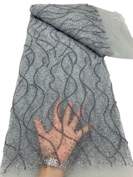 

tulle 203 nigerian female 5 yards lace woman sequins beaded female fabric textile dinner gown dentelle light blue apparel formal luxurious s, Black;white