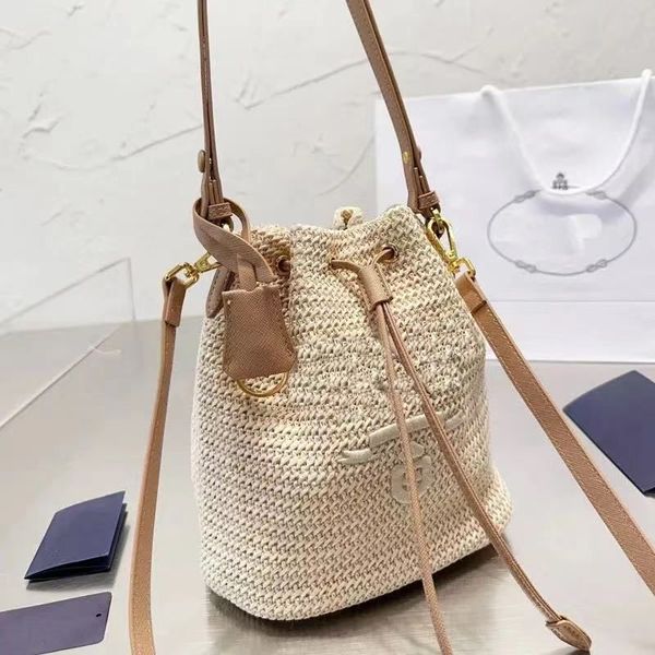 

woven straw bag women bucket bag parada shoulder bags hobos laffia grass crochet handbags embroidery fashion letter triangle decor crossbody