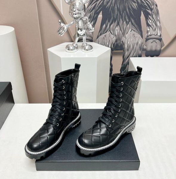 

2023 latest women's boots low heel square head lace up zipper plaid leather face formal casual banquet work matching size 36-41 box, Black