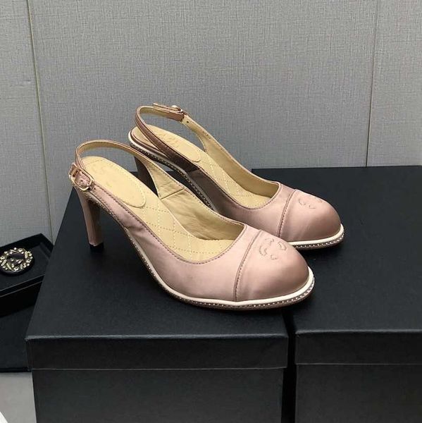 

vintage c double silk sandals women ladies interlocking c embroidery slingback pumps round cap toe stiletto branded high heels party wedding, Black