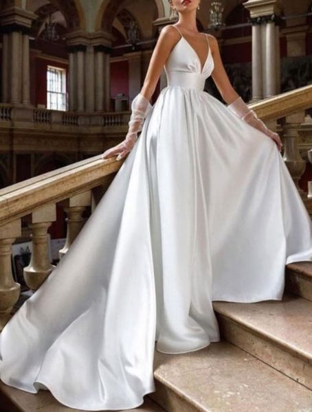

elegant long satin v-neck wedding dress with pockets a-line pleats spaghetti sweep train bridal gown pleats vestido de novia women dresses, White